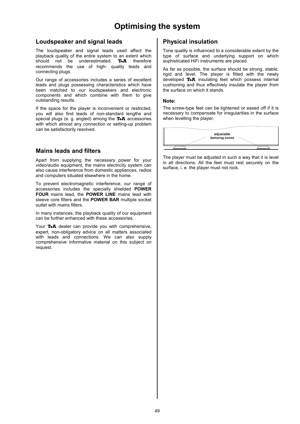 Optimising the system, Loudspeaker and signal leads, Mains leads and filters | Physical insulation | T+A Elektroakustik DD 1535 R User Manual | Page 49 / 64