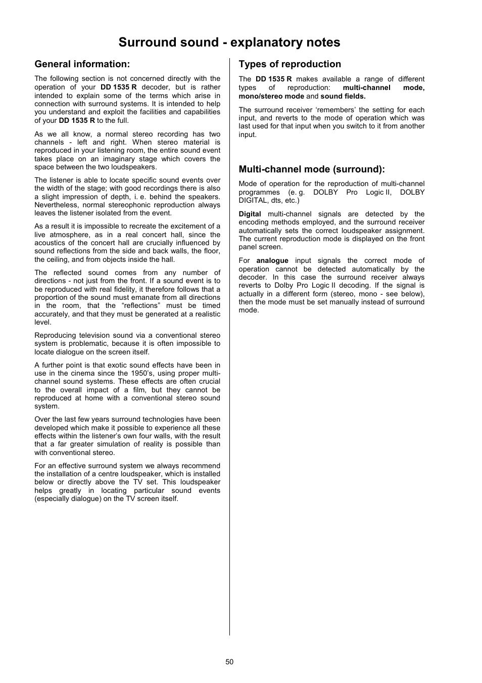 General information, Types of reproduction, Multi-channel mode (surround) | T+A Elektroakustik DD 1535 R User Manual | Page 50 / 64