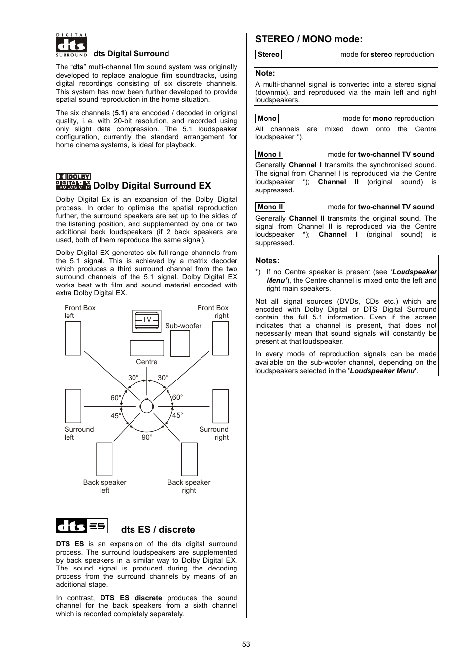 Dolby digital surround ex, Dts es / discrete, Stereo / mono mode | T+A Elektroakustik DD 1535 R User Manual | Page 53 / 64