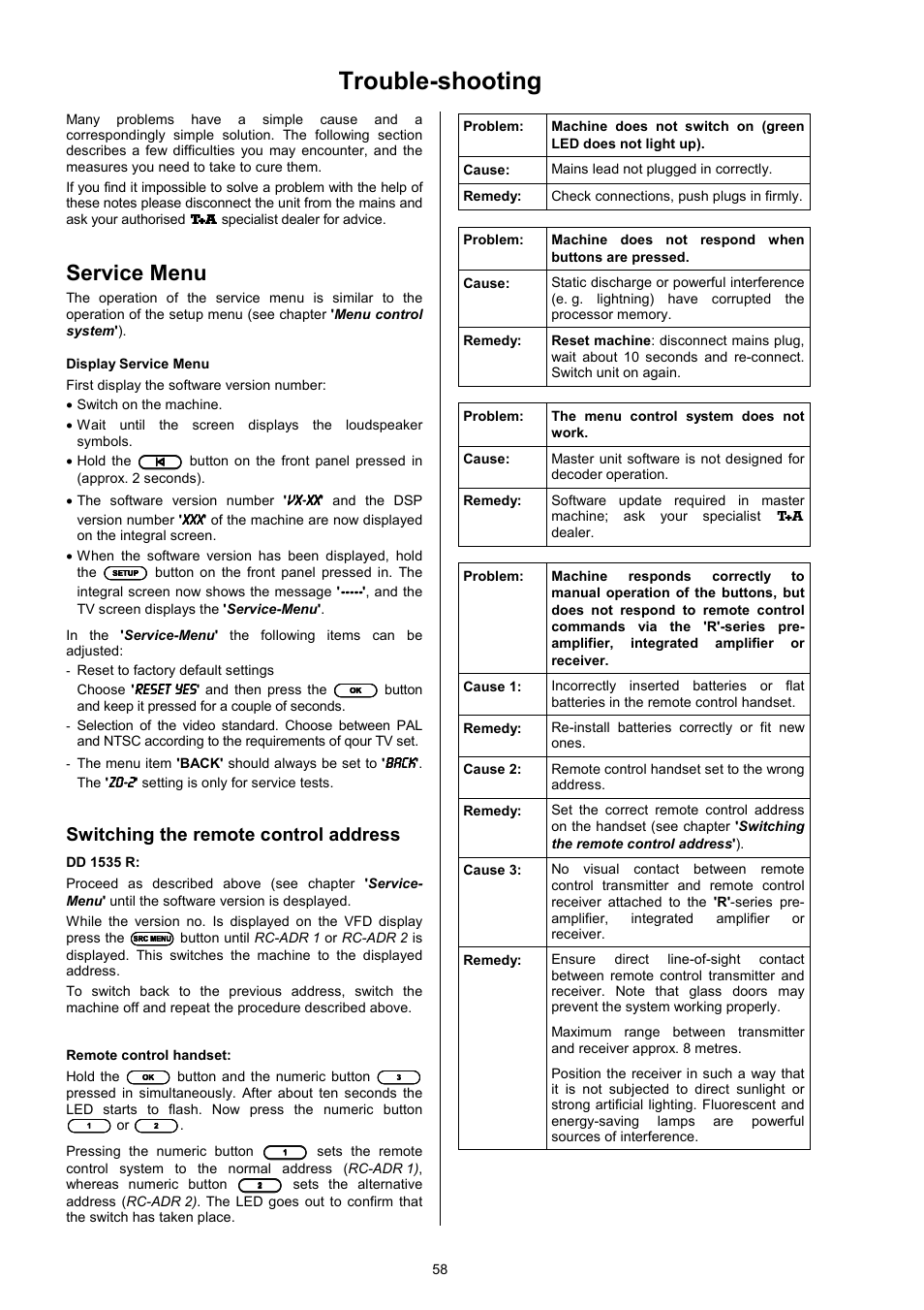 Trouble-shooting, Service menu, Switching the remote control address | T+A Elektroakustik DD 1535 R User Manual | Page 58 / 64
