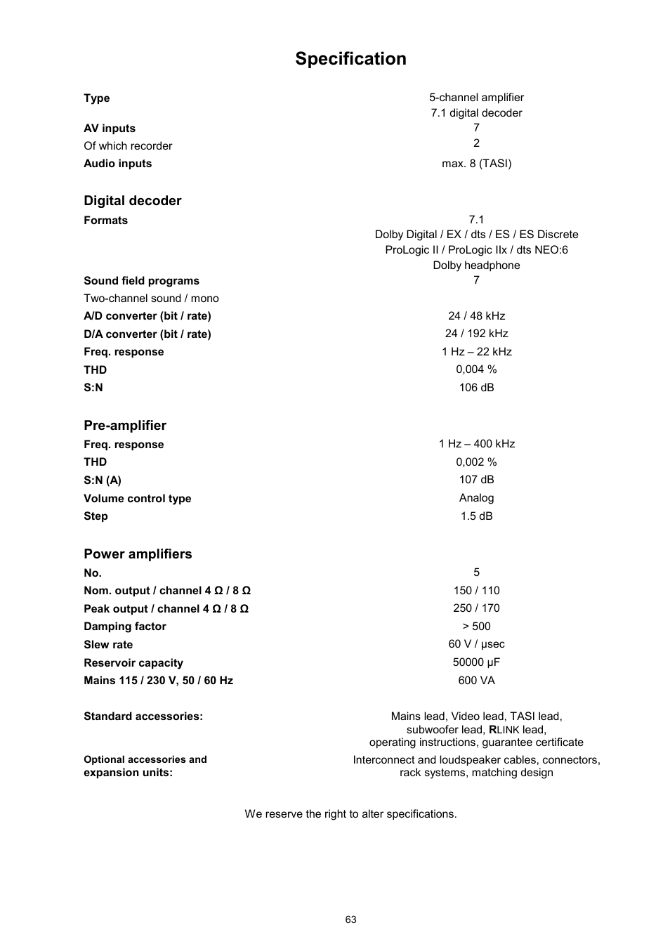 Specification, Digital decoder, Pre-amplifier | Power amplifiers | T+A Elektroakustik DD 1535 R User Manual | Page 63 / 64