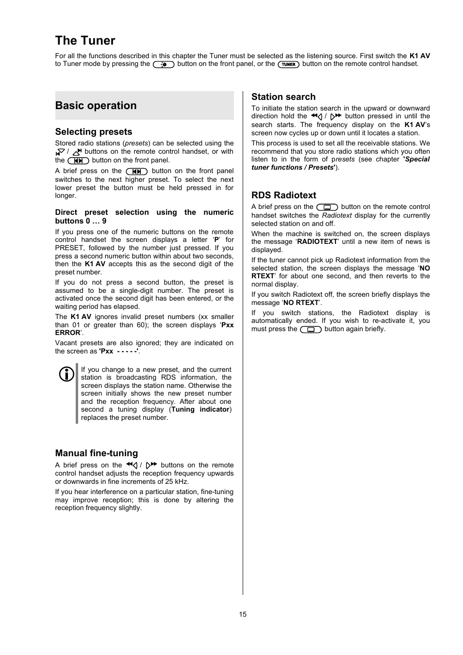 The tuner, Basic operation | T+A Elektroakustik CD Player K1 AV User Manual | Page 15 / 59
