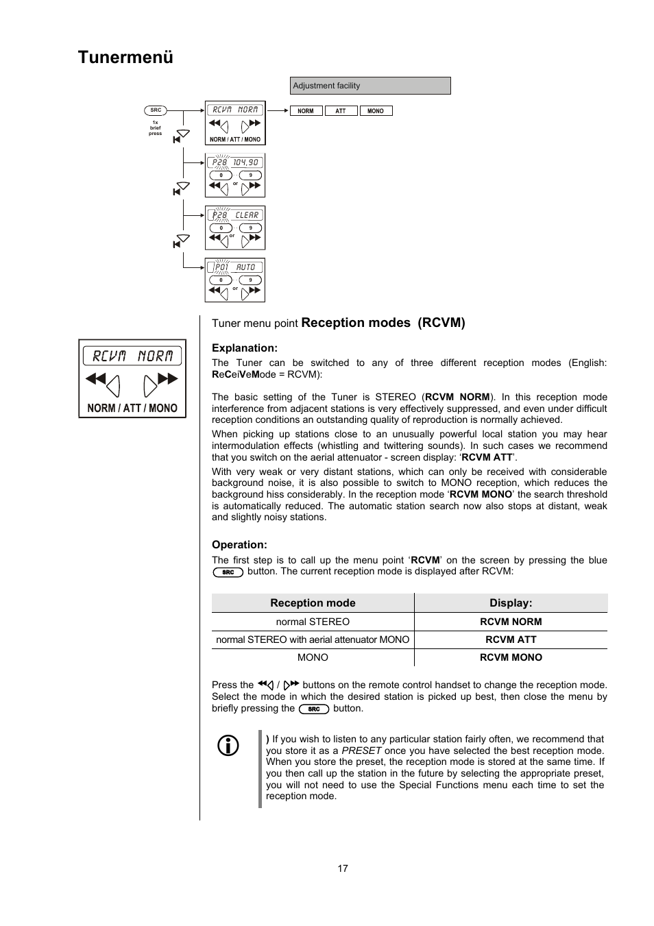 Tunermenü, Reception modes, Rcvm) | T+A Elektroakustik CD Player K1 AV User Manual | Page 17 / 59