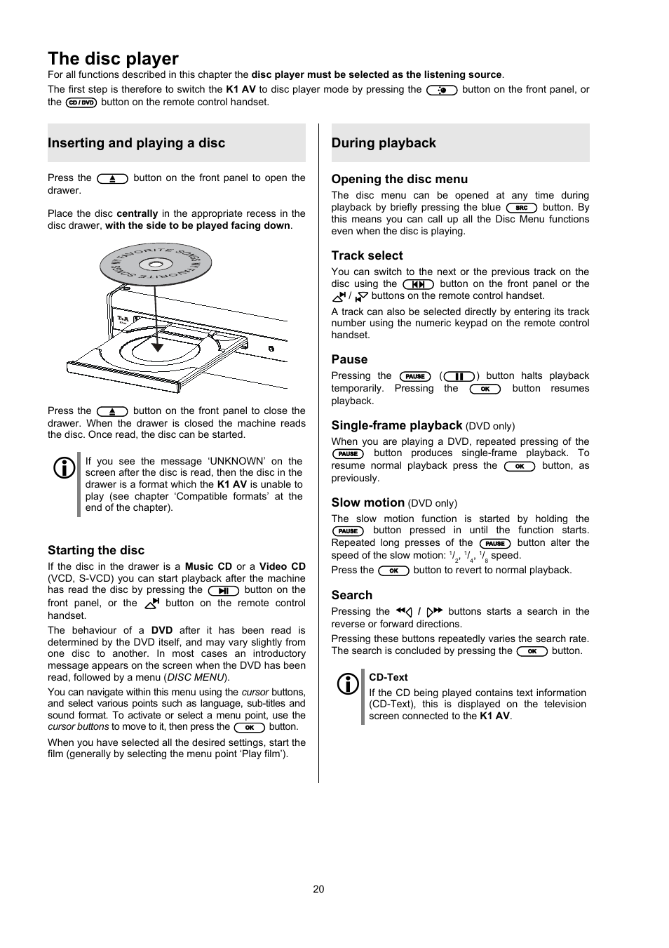 The disc player, Inserting and playing a disc, During playback | T+A Elektroakustik CD Player K1 AV User Manual | Page 20 / 59