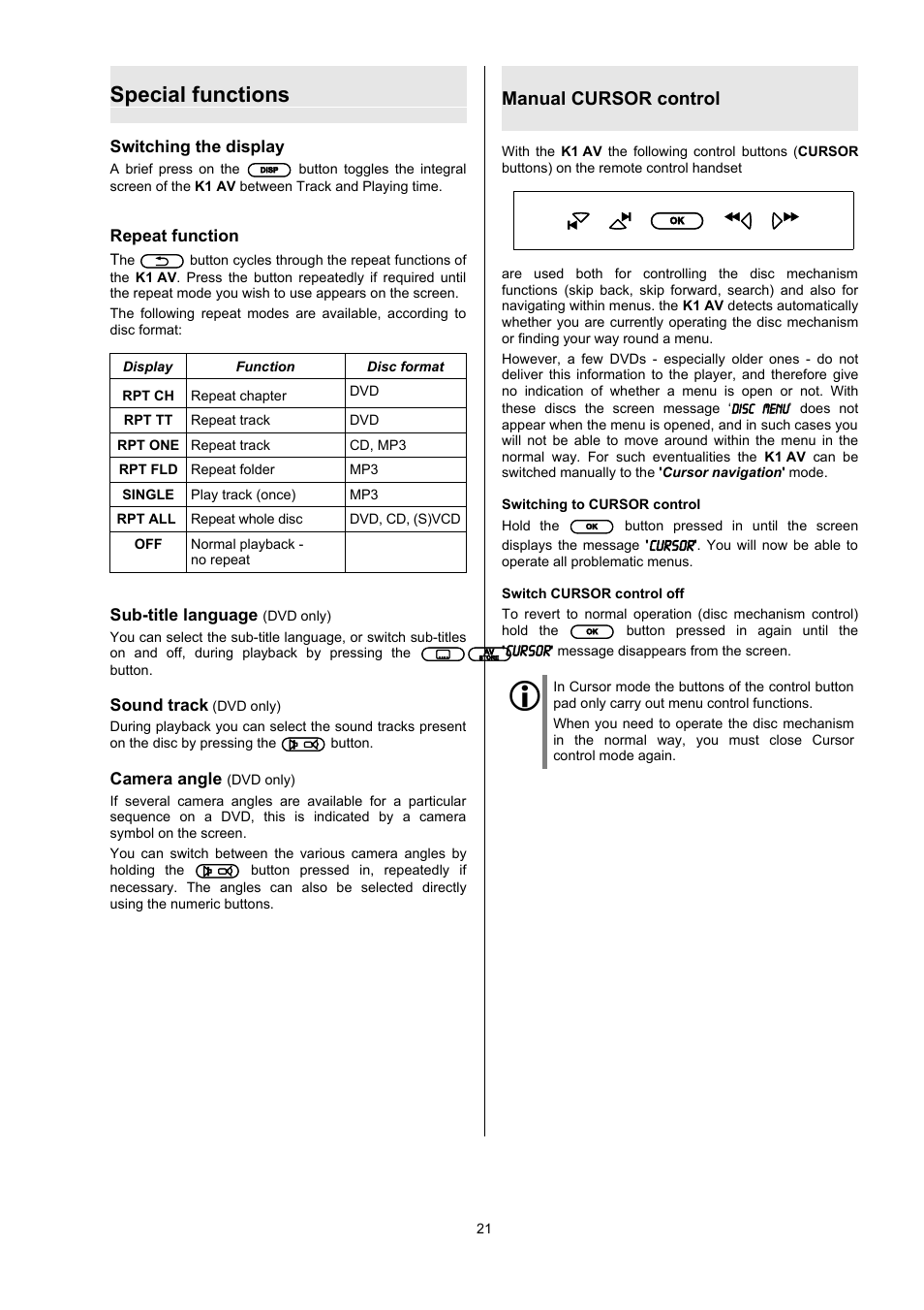 Special functions, Manual cursor control | T+A Elektroakustik CD Player K1 AV User Manual | Page 21 / 59
