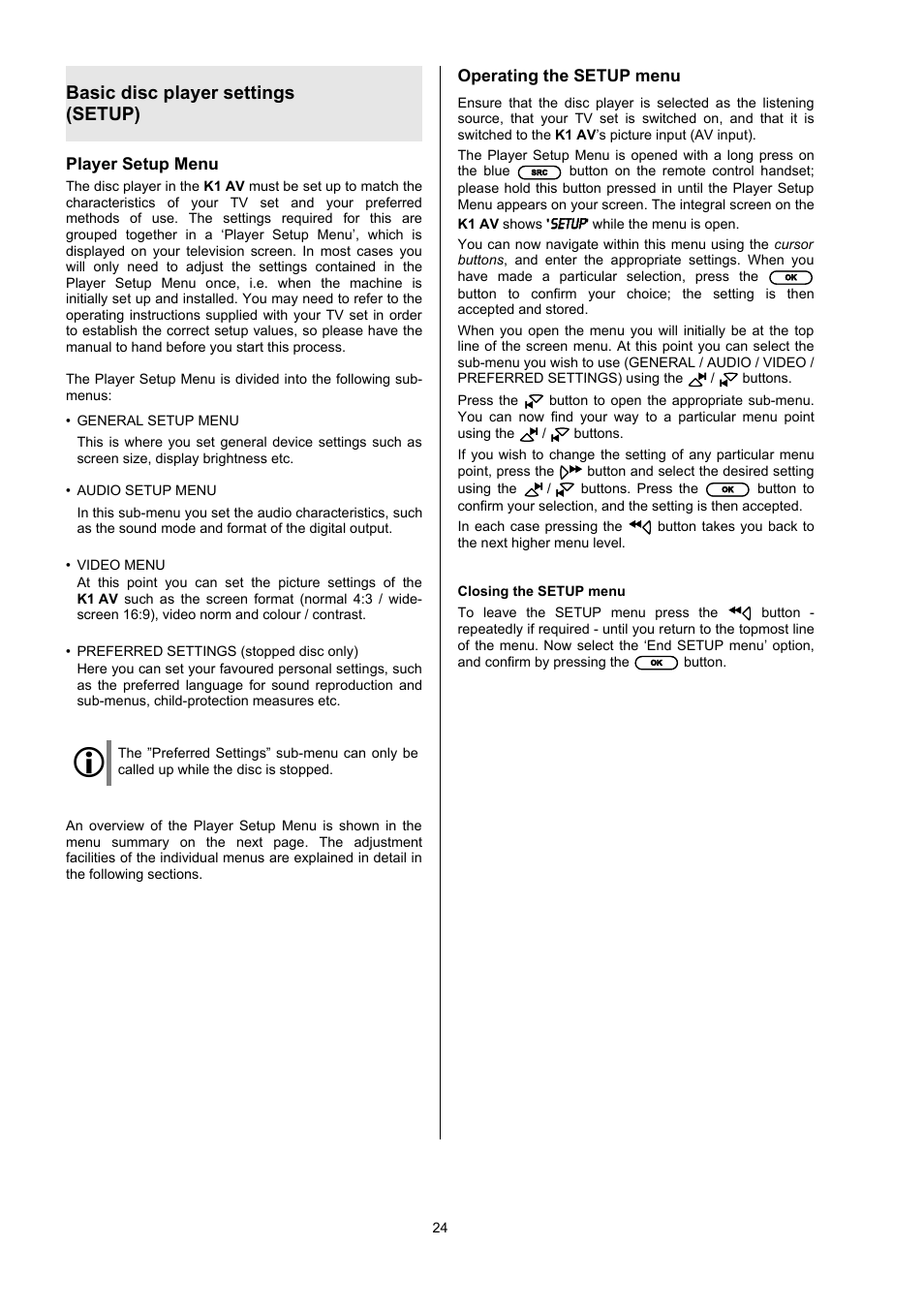 Basic disc player settings (setup) | T+A Elektroakustik CD Player K1 AV User Manual | Page 24 / 59