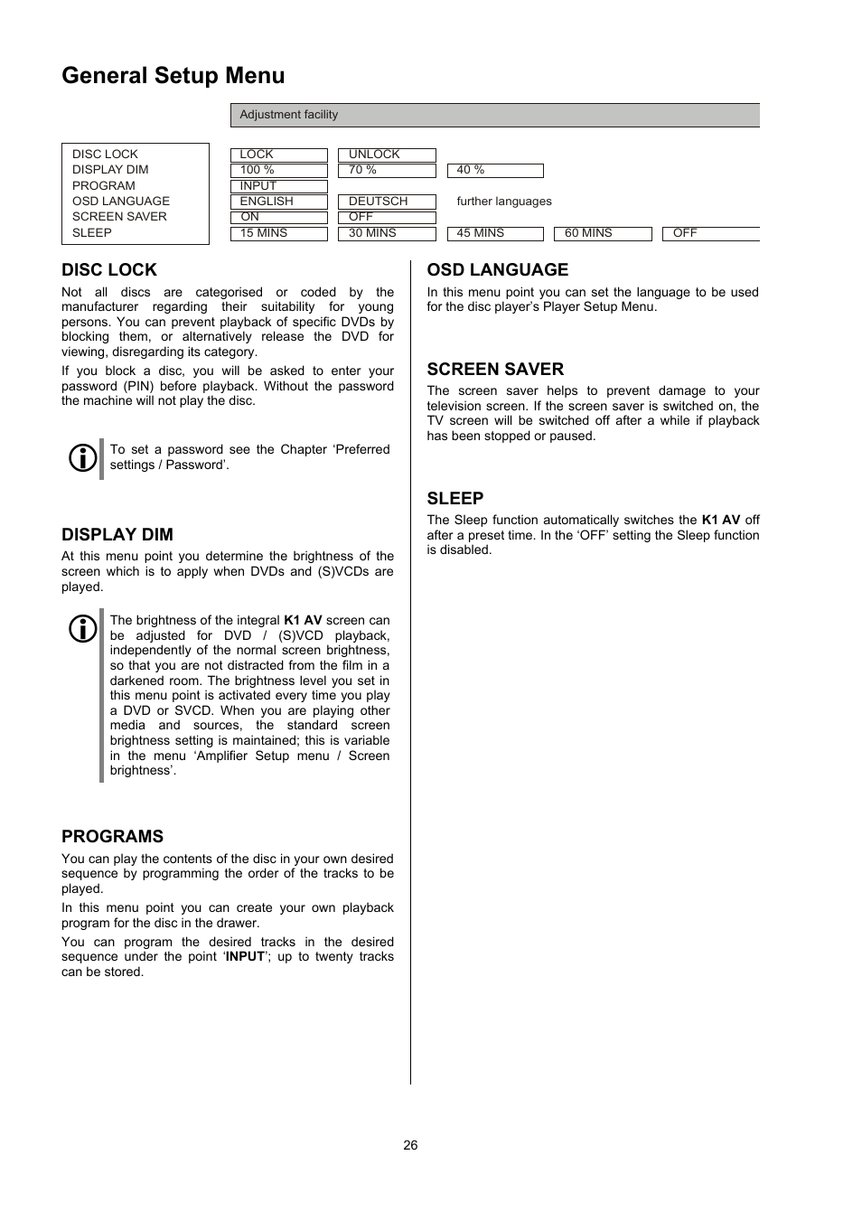 General setup menu | T+A Elektroakustik CD Player K1 AV User Manual | Page 26 / 59