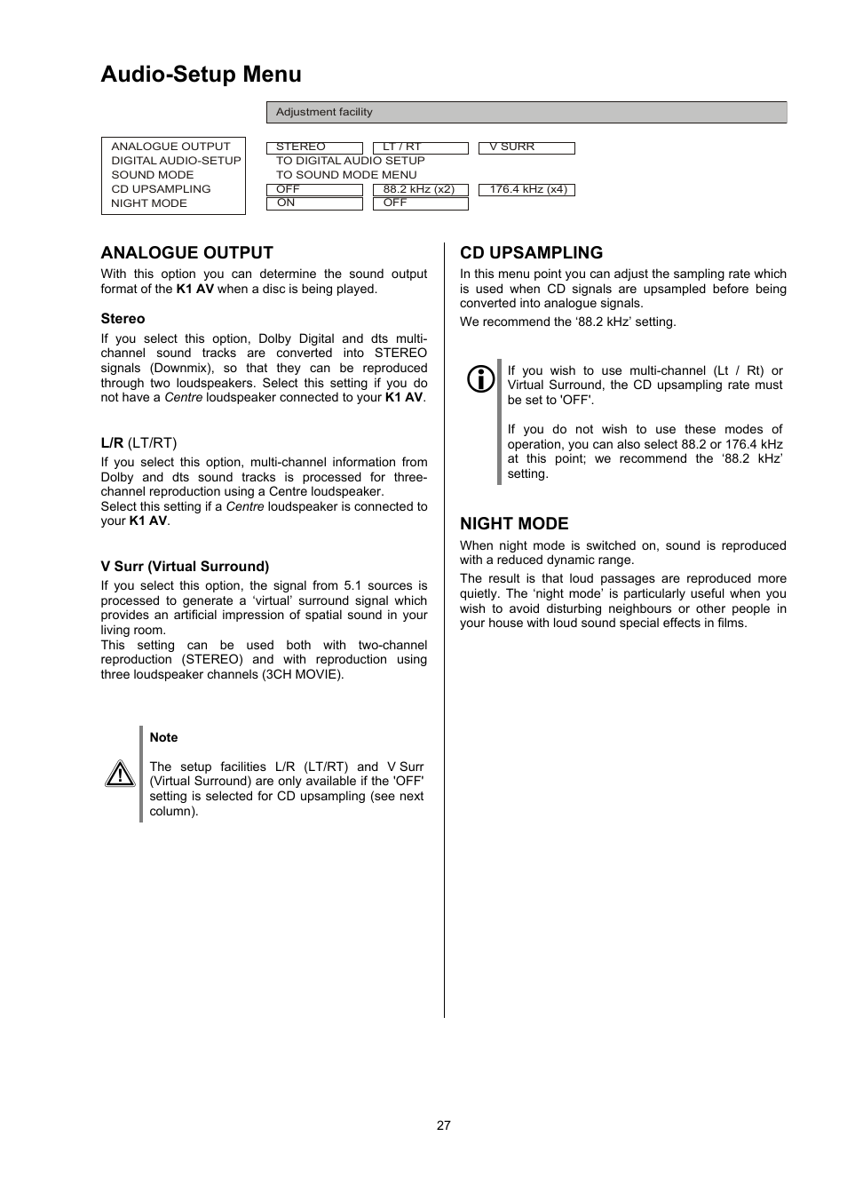 Audio-setup menu, Analogue output, Cd upsampling | Night mode | T+A Elektroakustik CD Player K1 AV User Manual | Page 27 / 59