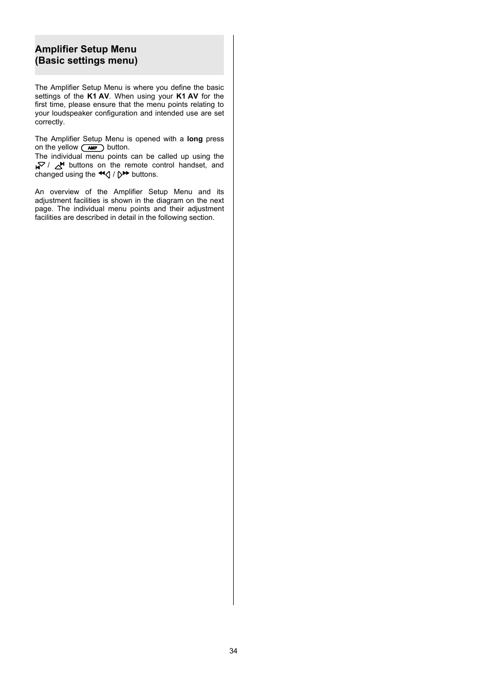 Amplifier setup menu (basic settings menu) | T+A Elektroakustik CD Player K1 AV User Manual | Page 34 / 59
