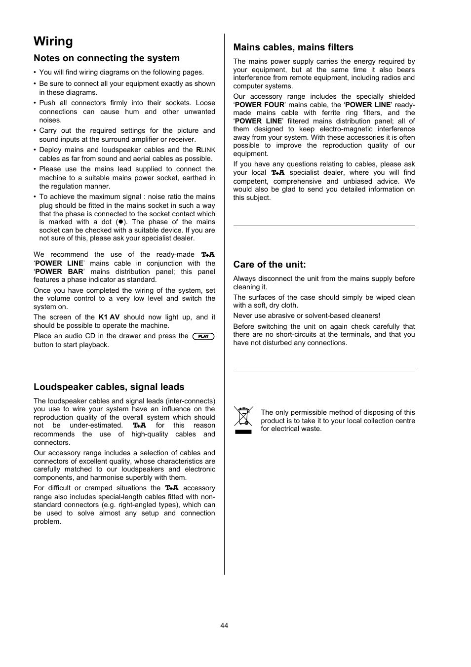 Wiring | T+A Elektroakustik CD Player K1 AV User Manual | Page 44 / 59