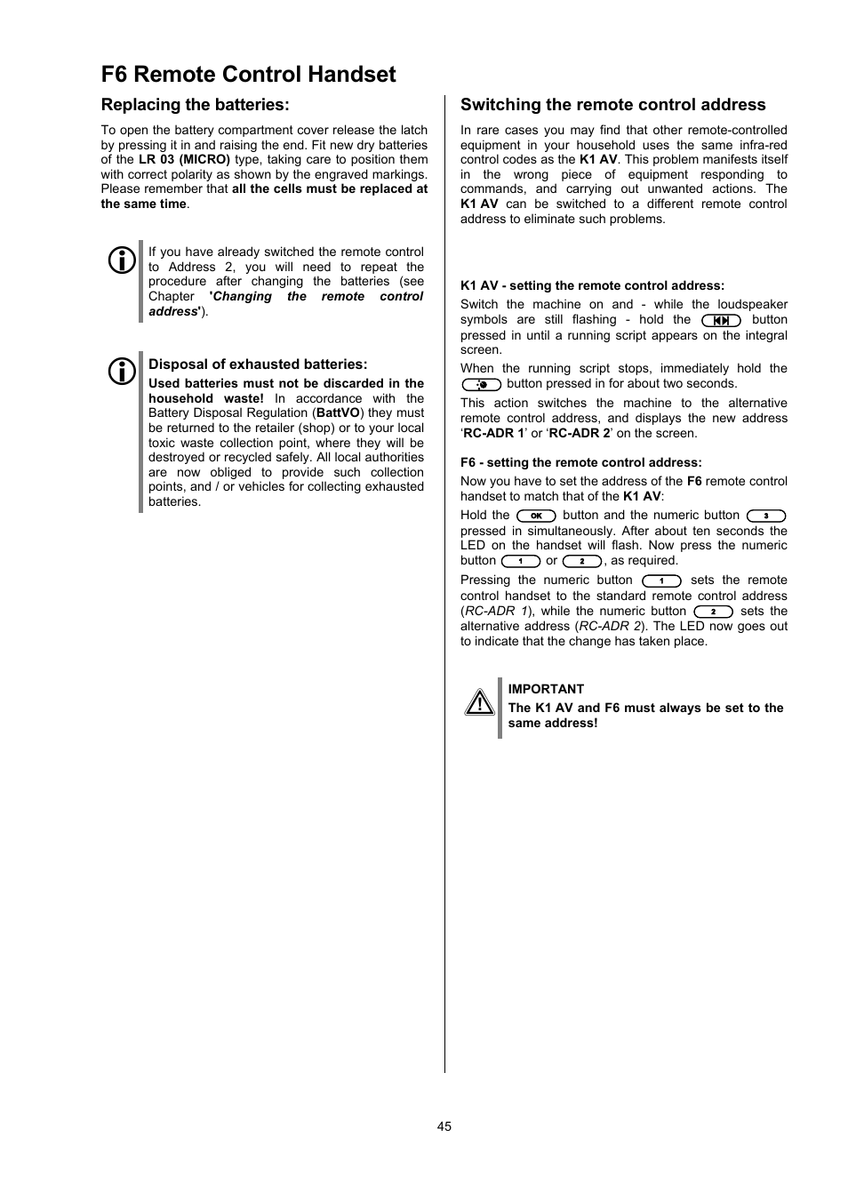 F6 remote control handset, Replacing the batteries | T+A Elektroakustik CD Player K1 AV User Manual | Page 45 / 59