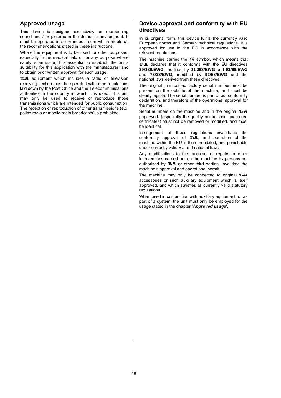 Device approval and conformity with eu directives | T+A Elektroakustik CD Player K1 AV User Manual | Page 48 / 59