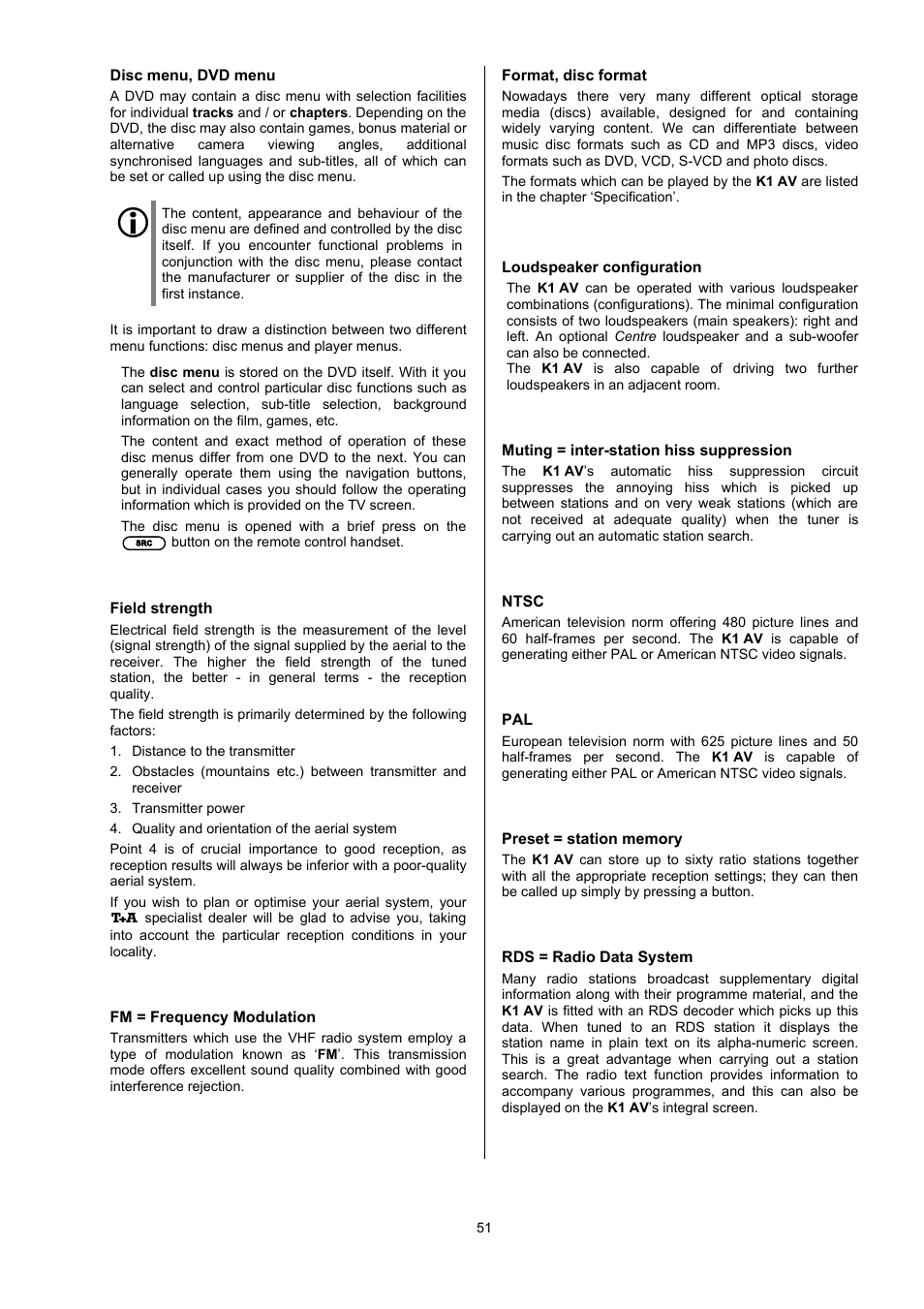 Disc menu, dvd menu, Fm = frequency modulation, Format, disc format | Muting = inter-station hiss suppression, Preset = station memory, Rds = radio data system | T+A Elektroakustik CD Player K1 AV User Manual | Page 51 / 59