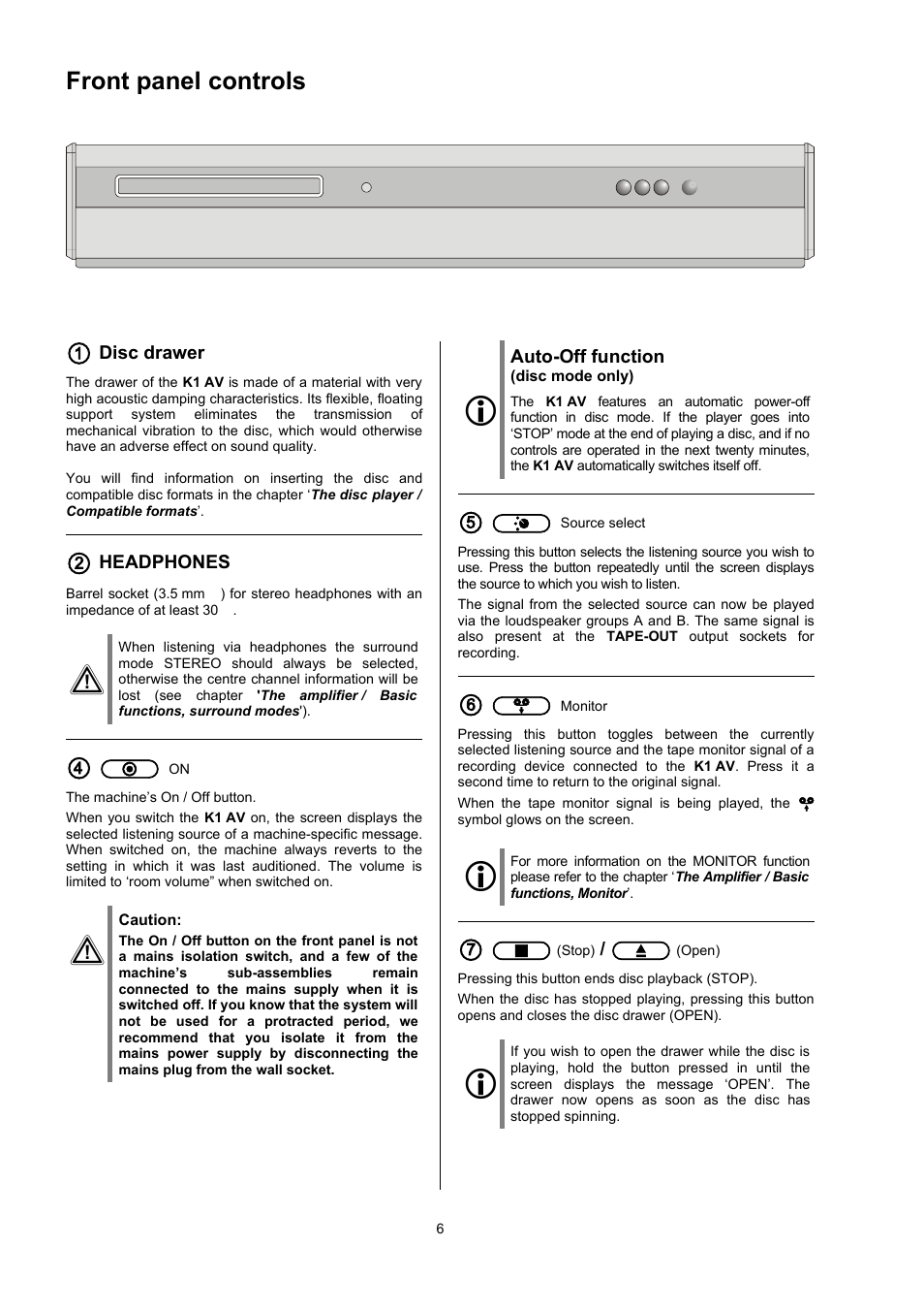 Front panel controls | T+A Elektroakustik CD Player K1 AV User Manual | Page 6 / 59