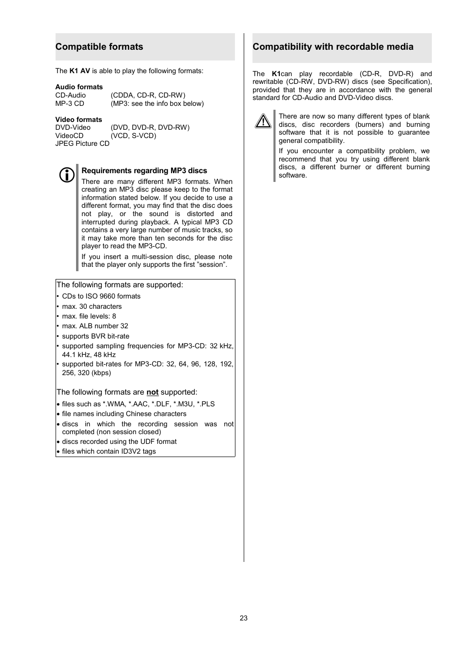 Compatible formats, Compatibility with recordable media | T+A Elektroakustik K1 AV User Manual | Page 23 / 58