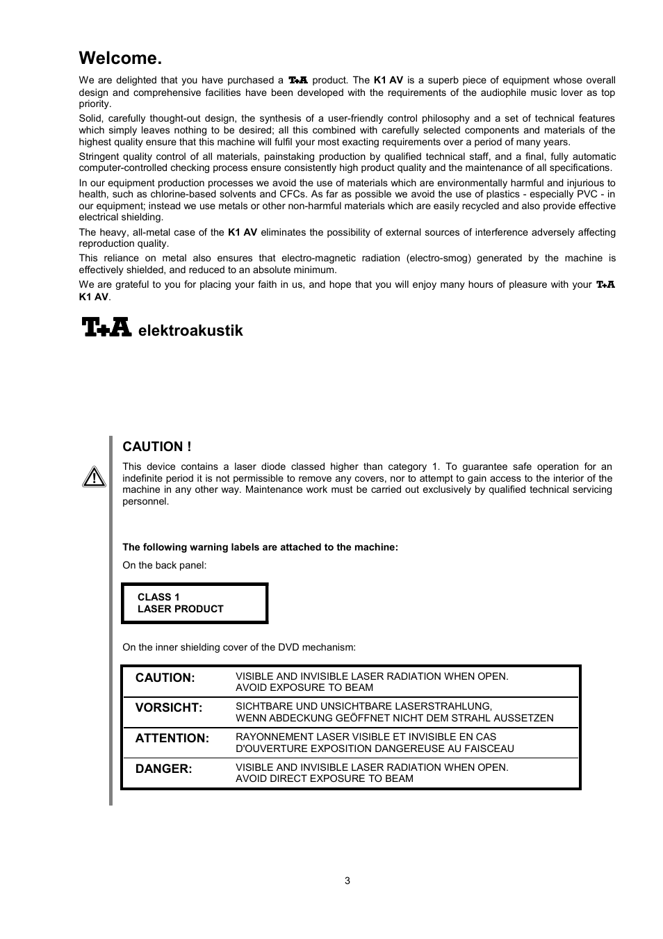 Welcome, Elektroakustik | T+A Elektroakustik K1 AV User Manual | Page 3 / 58
