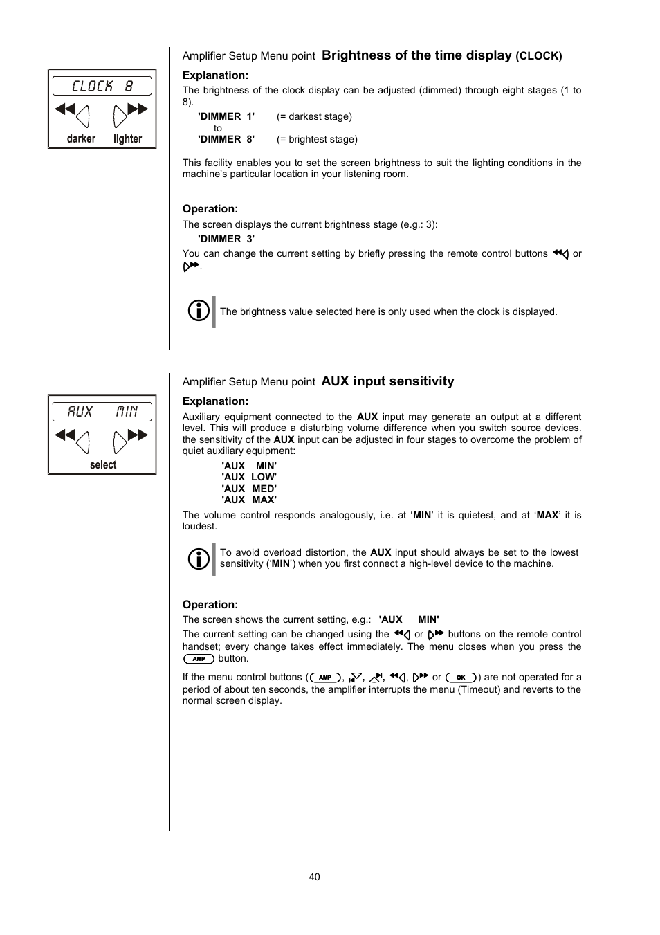 Aux m in, Brightness of the time display, Aux input sensitivity | T+A Elektroakustik K1 AV User Manual | Page 40 / 58