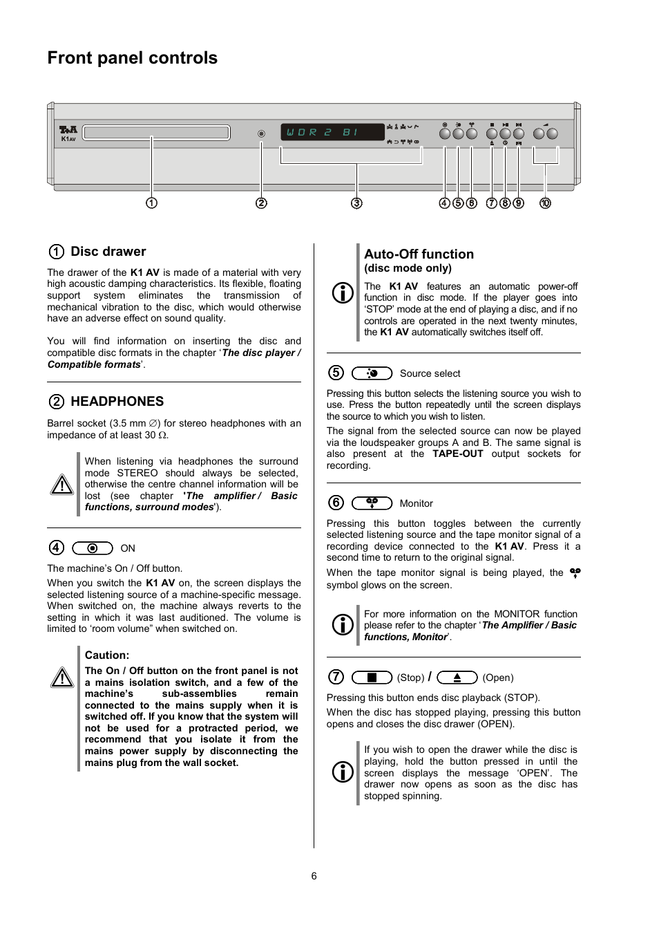 Front panel controls | T+A Elektroakustik K1 AV User Manual | Page 6 / 58