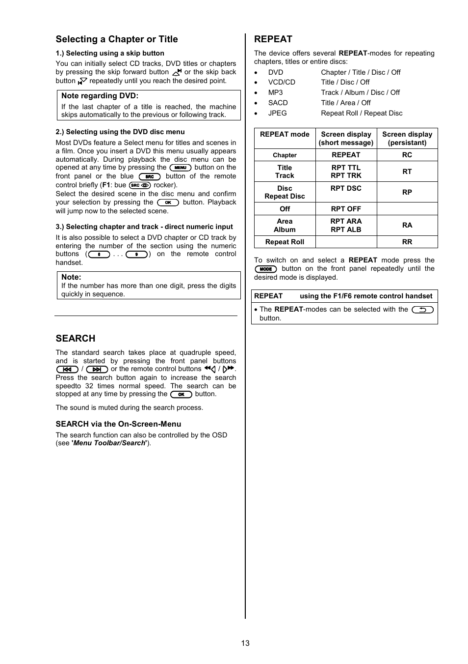 Selecting a chapter or title, Search, Repeat | T+A Elektroakustik SADV 1245 R User Manual | Page 13 / 54