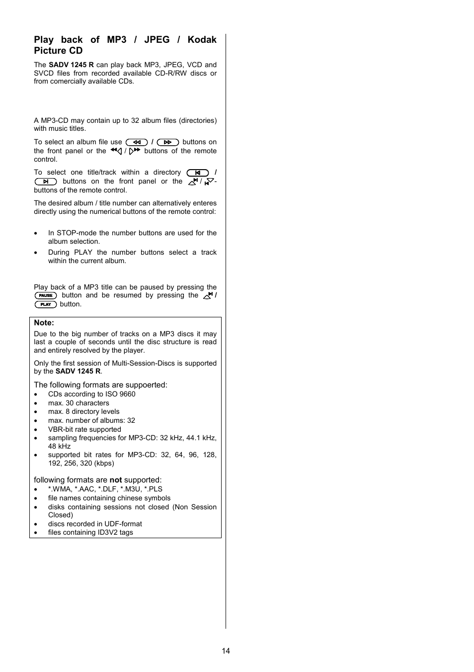 Play back of mp3 / jpeg / kodak picture cd | T+A Elektroakustik SADV 1245 R User Manual | Page 14 / 54
