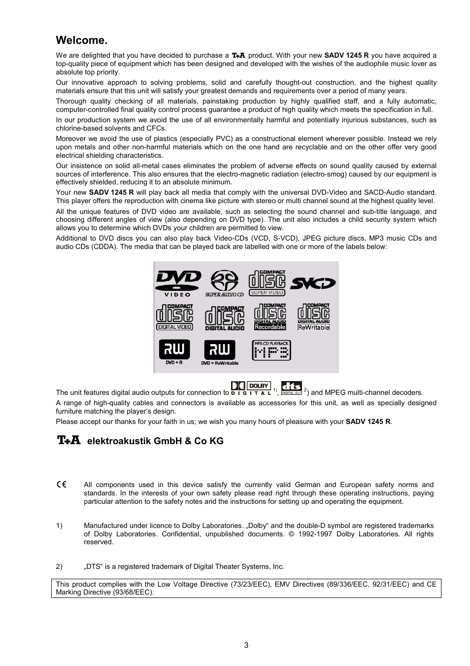 Welcome, Elektroakustik gmbh & co kg | T+A Elektroakustik SADV 1245 R User Manual | Page 3 / 54