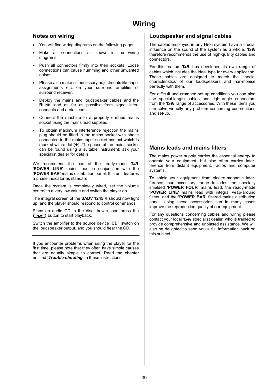 Wiring, Loudspeaker and signal cables, Mains leads and mains filters | T+A Elektroakustik SADV 1245 R User Manual | Page 39 / 54