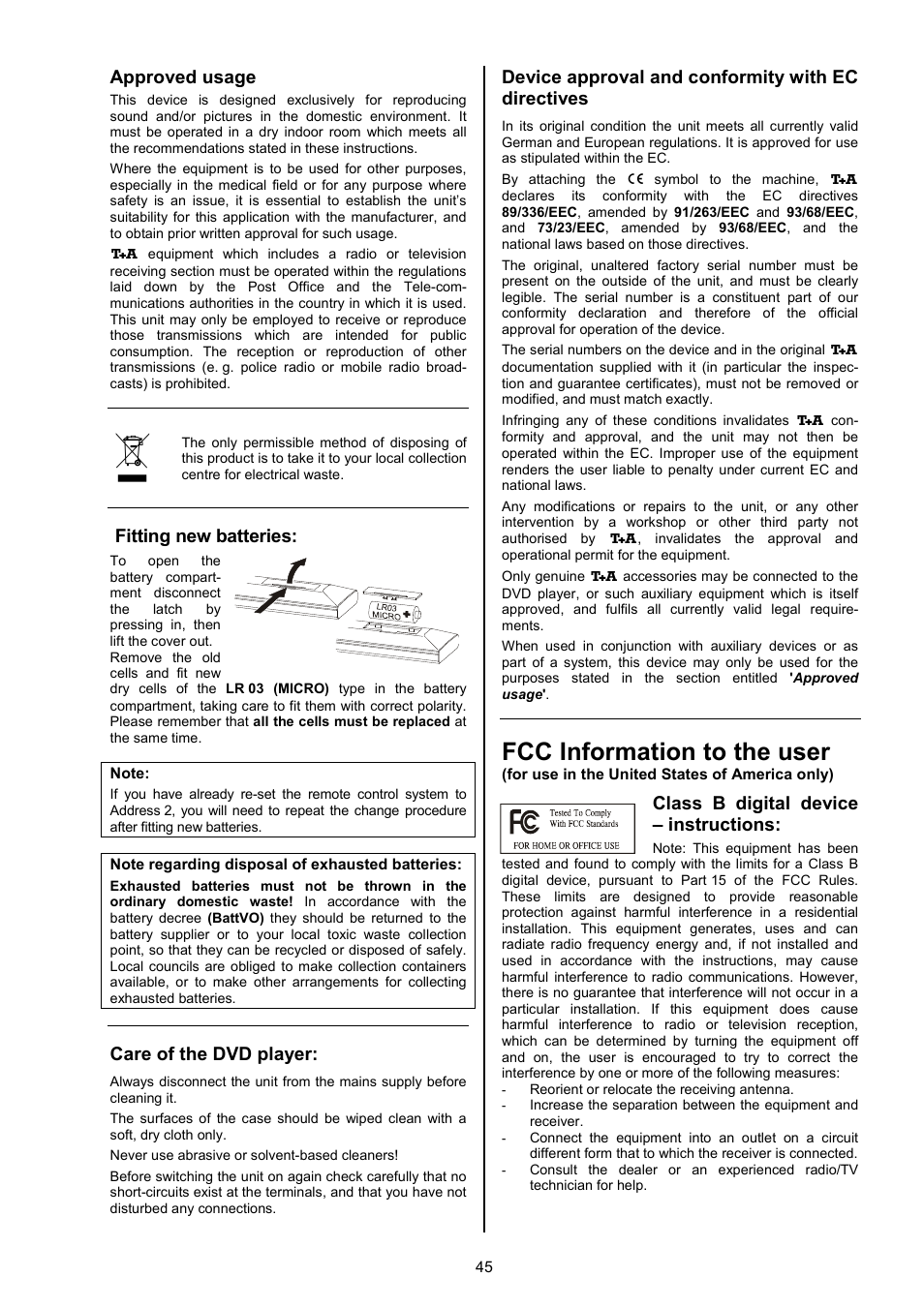 Fcc information to the user, Approved usage, Fitting new batteries | Care of the dvd player, Device approval and conformity with ec directives, Class b digital device – instructions | T+A Elektroakustik SADV 1245 R User Manual | Page 45 / 54