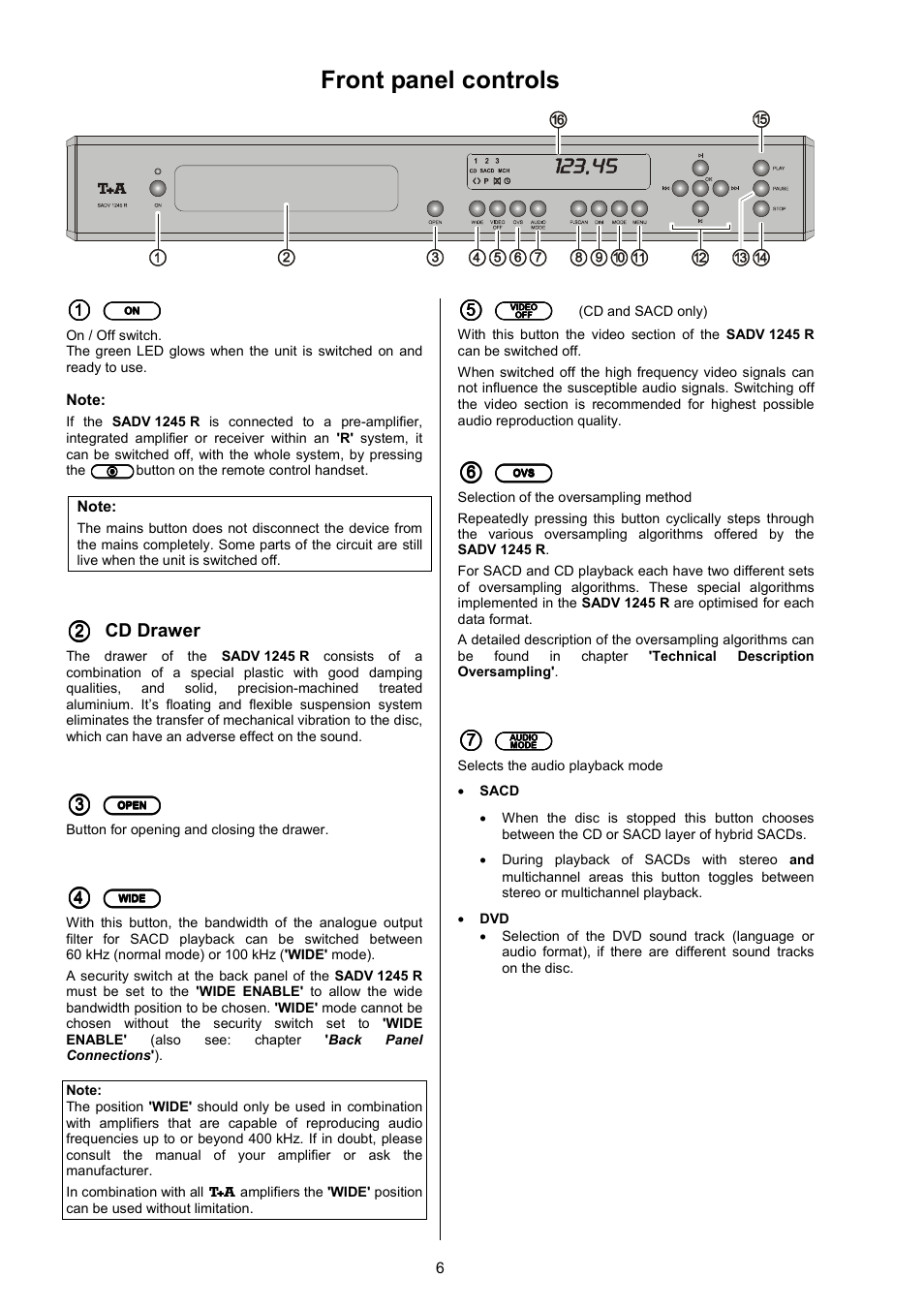 Front panel controls | T+A Elektroakustik SADV 1245 R User Manual | Page 6 / 54