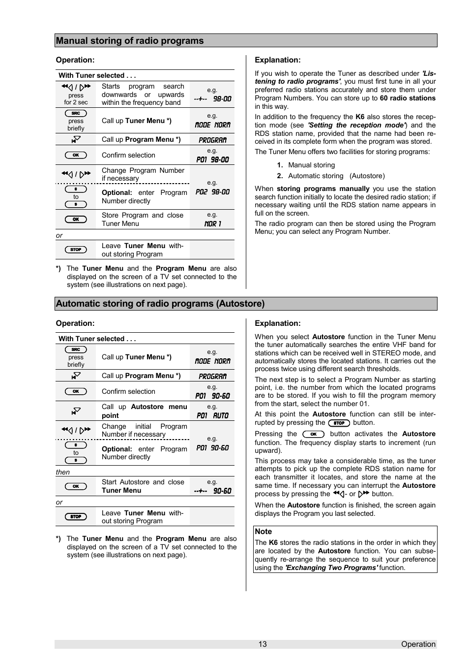 Manual storing of radio programs, Automatic storing of radio programs (autostore) | T+A Elektroakustik K 6 User Manual | Page 13 / 60