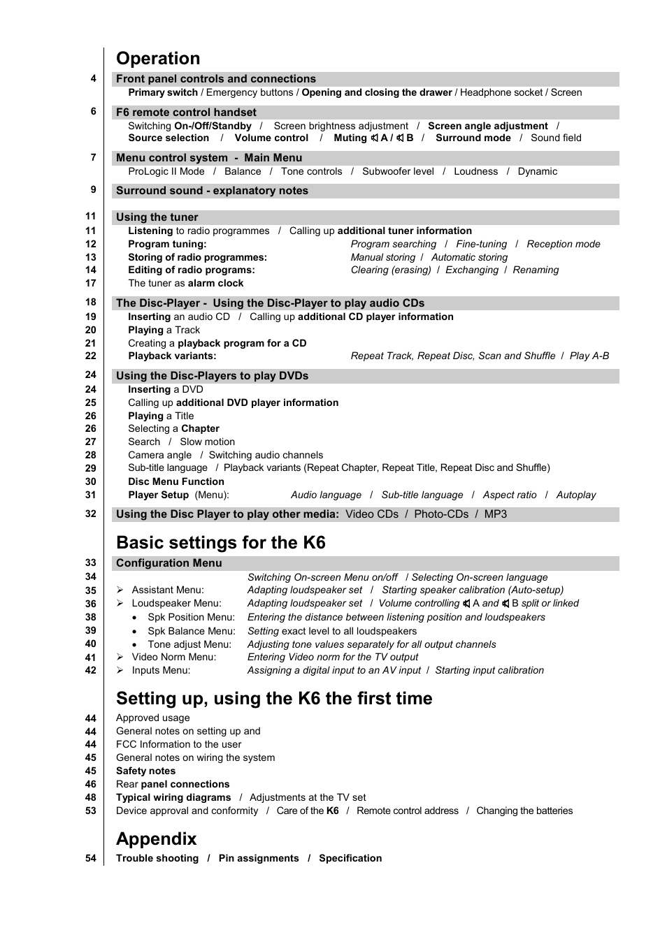 Operation, Basic settings for the k6, Setting up, using the k6 the first time | Appendix | T+A Elektroakustik K 6 User Manual | Page 3 / 60