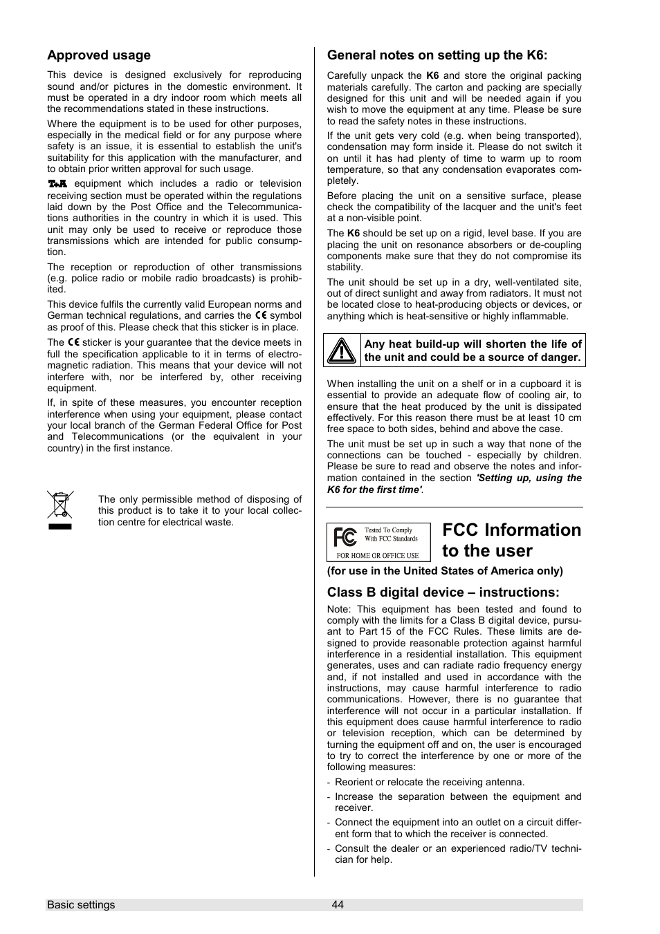 Fcc information to the user | T+A Elektroakustik K 6 User Manual | Page 44 / 60