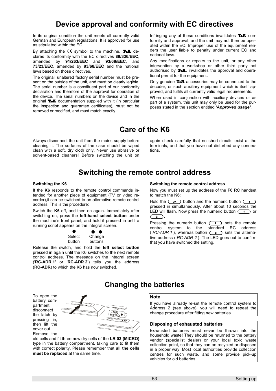 Device approval and conformity with ec directives, Care of the k6, Switching the remote control address | Changing the batteries | T+A Elektroakustik K 6 User Manual | Page 53 / 60