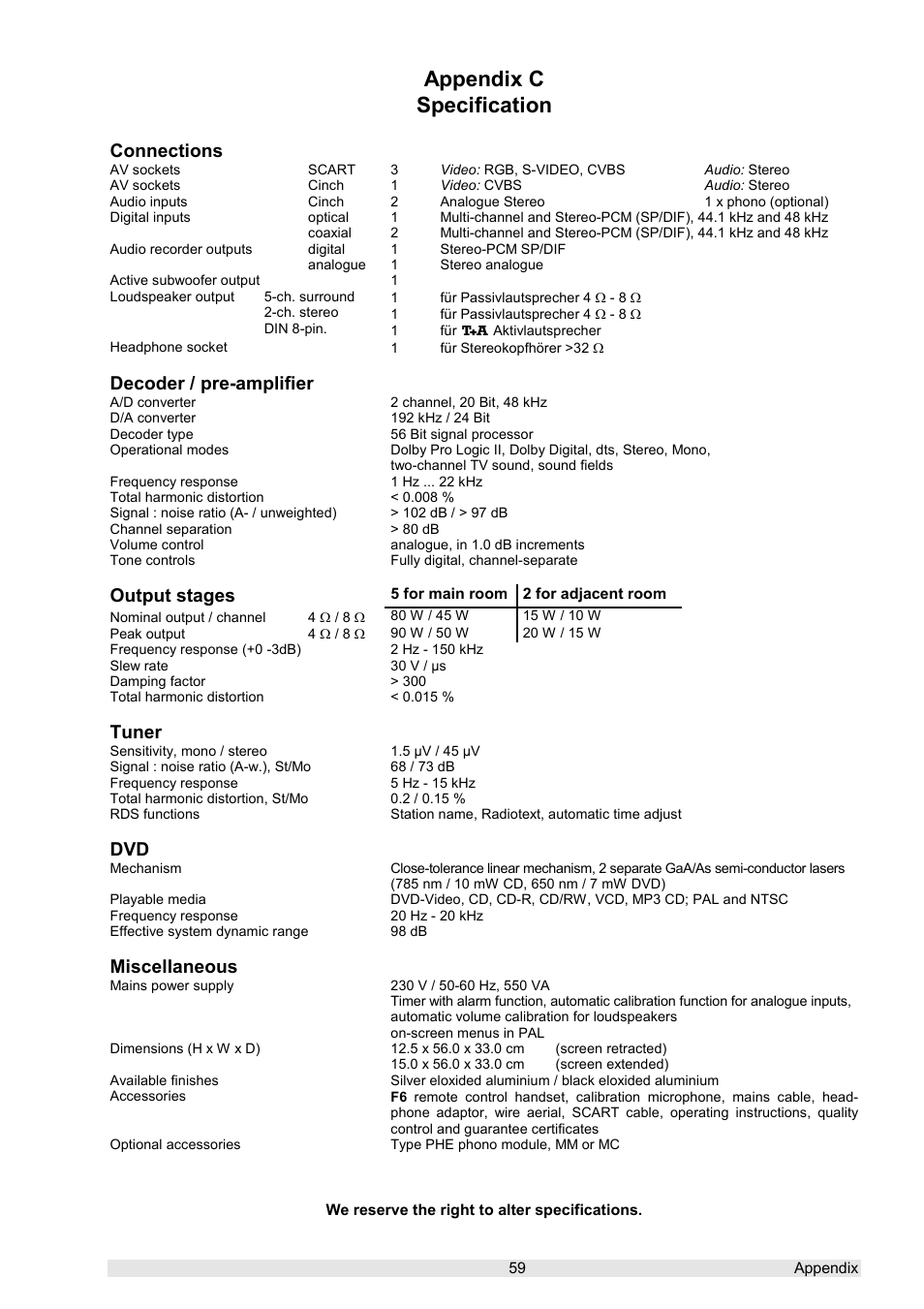 Appendix c specification, Connections, Decoder / pre-amplifier | Output stages, Tuner, Miscellaneous | T+A Elektroakustik K 6 User Manual | Page 59 / 60