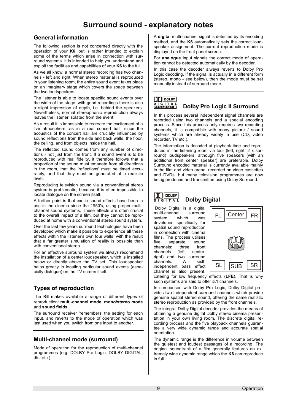 General information, Types of reproduction, Multi-channel mode (surround) | Dolby pro logic ii surround, Dolby digital | T+A Elektroakustik K 6 User Manual | Page 9 / 60