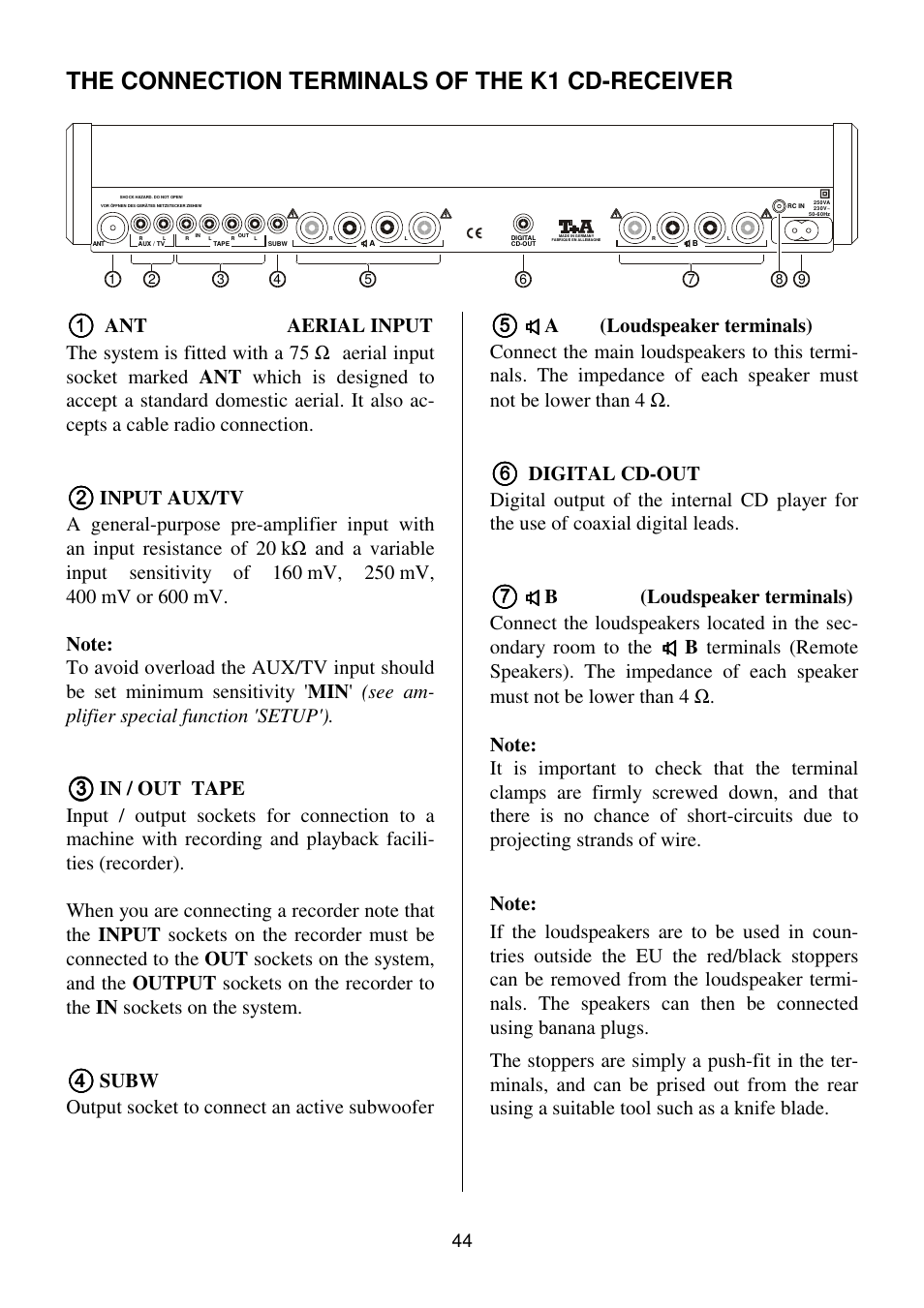 The connection terminals of the k1 cd-receiver, Subw, Output socket to connect an active subwoofer | B (loudspeaker terminals) | T+A Elektroakustik K1 CD-RECEIVER User Manual | Page 44 / 60