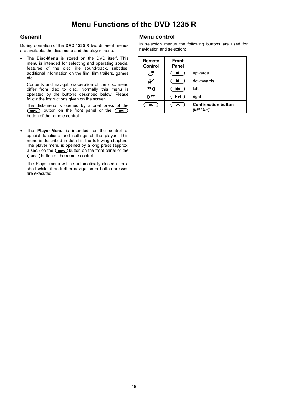 Menu functions of the dvd 1235 r, General, Menu control | T+A Elektroakustik 1235 R User Manual | Page 18 / 54