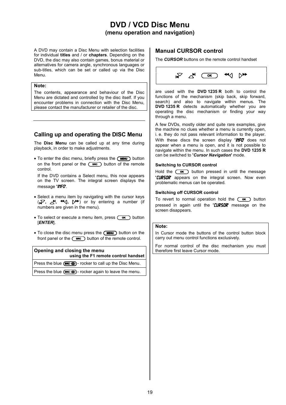 Dvd / vcd disc menu, Menu operation and navigation), Calling up and operating the disc menu | Manual cursor control | T+A Elektroakustik 1235 R User Manual | Page 19 / 54