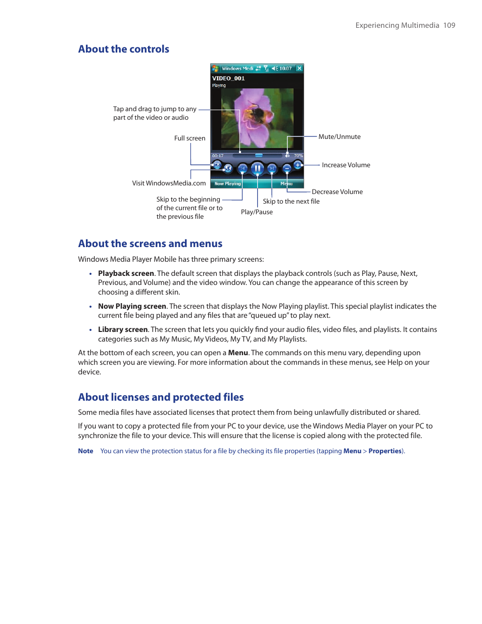 About the controls, About the screens and menus, About licenses and protected files | TAO PDA Phone User Manual | Page 109 / 140
