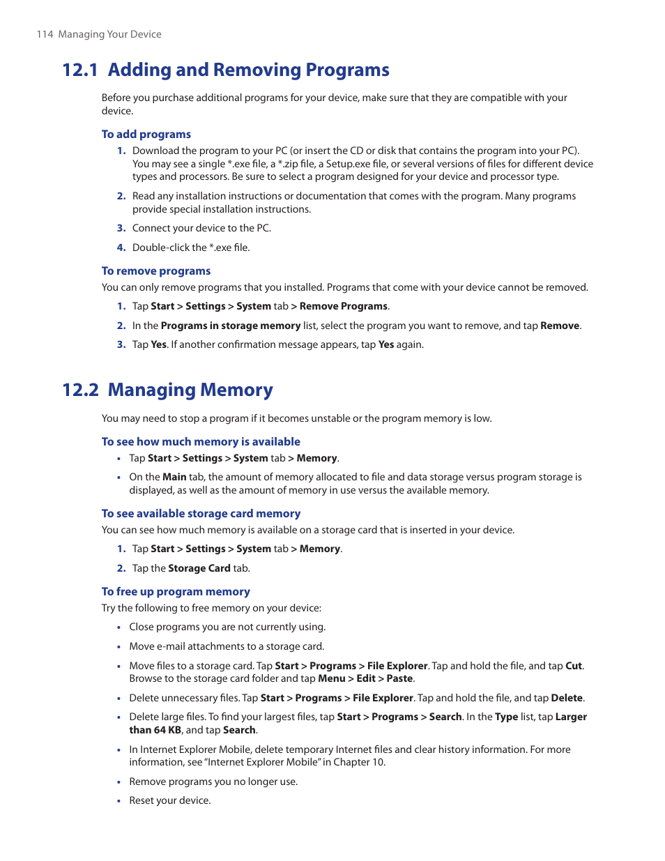 1 adding and removing programs, 2 managing memory | TAO PDA Phone User Manual | Page 114 / 140