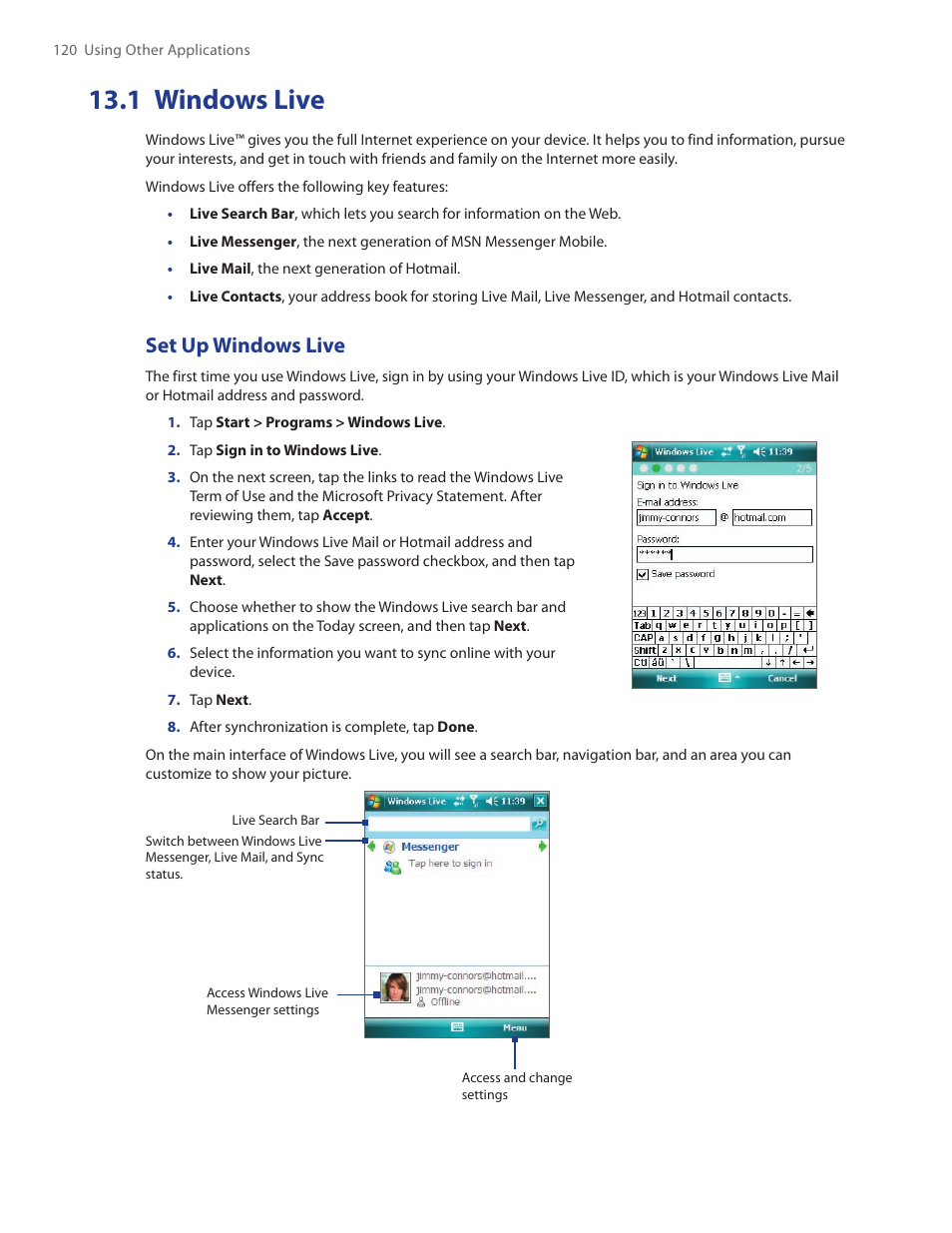 1 windows live, Set up windows live | TAO PDA Phone User Manual | Page 120 / 140