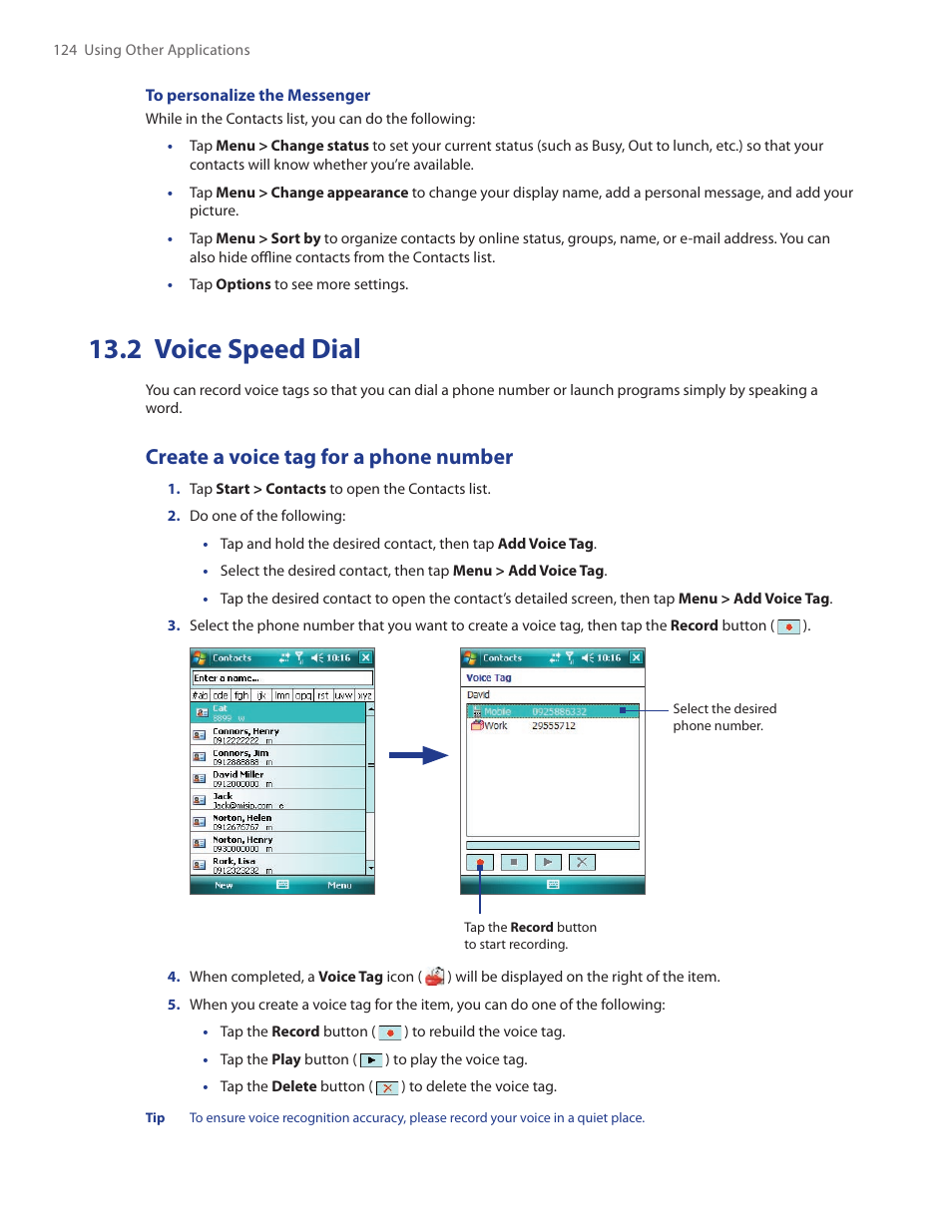 2 voice speed dial, Create a voice tag for a phone number | TAO PDA Phone User Manual | Page 124 / 140