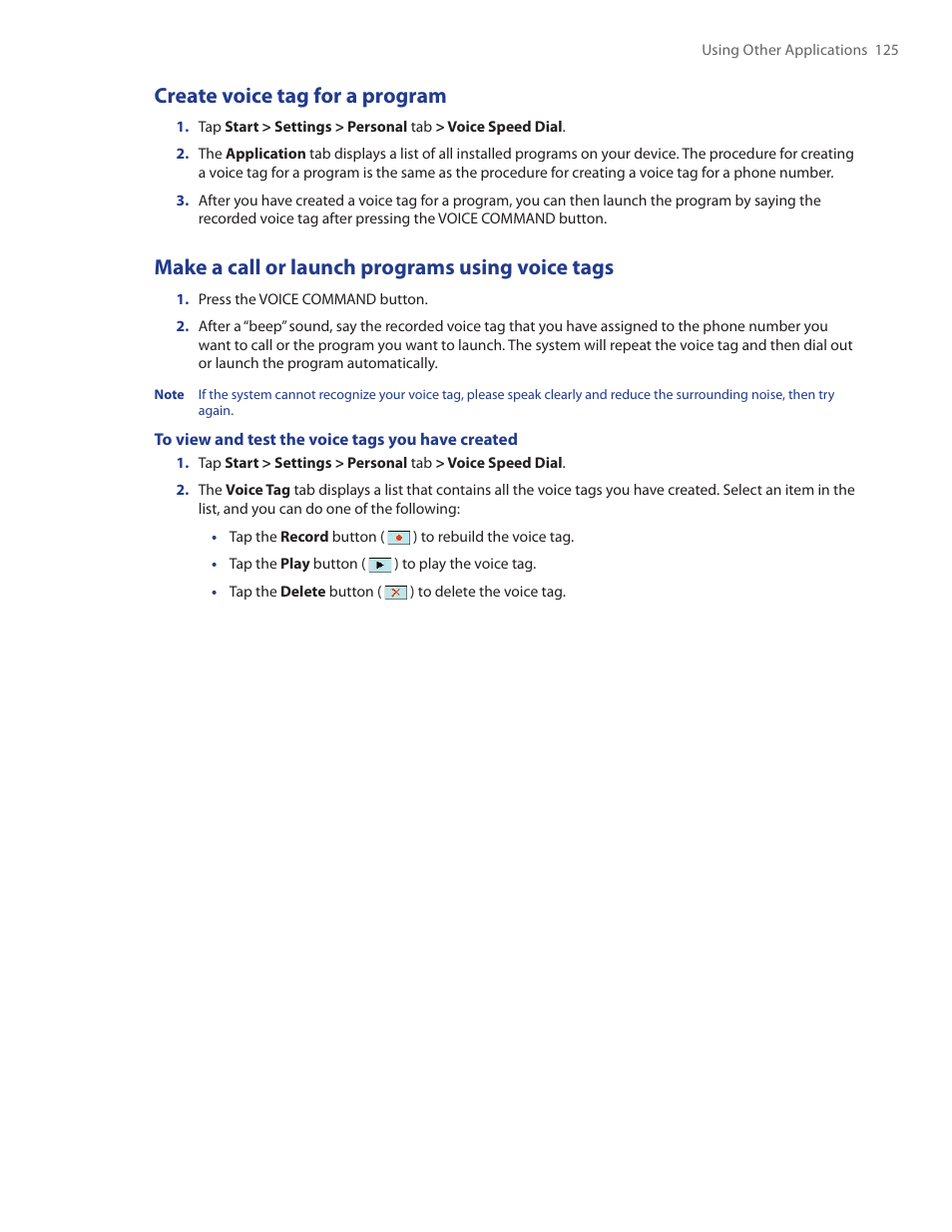Create voice tag for a program, Make a call or launch programs using voice tags | TAO PDA Phone User Manual | Page 125 / 140