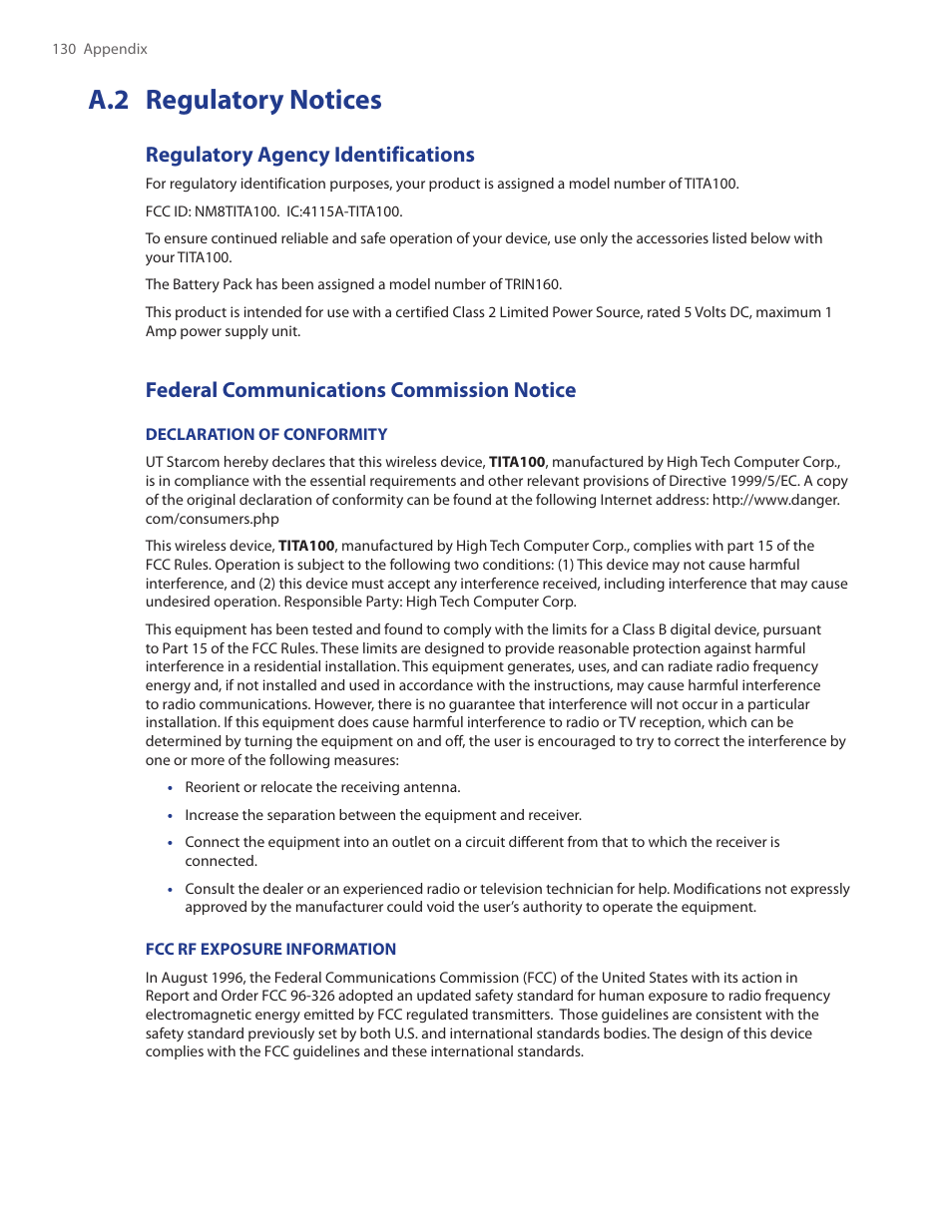 A.2 regulatory notices, Regulatory agency identifications, Federal communications commission notice | TAO PDA Phone User Manual | Page 130 / 140