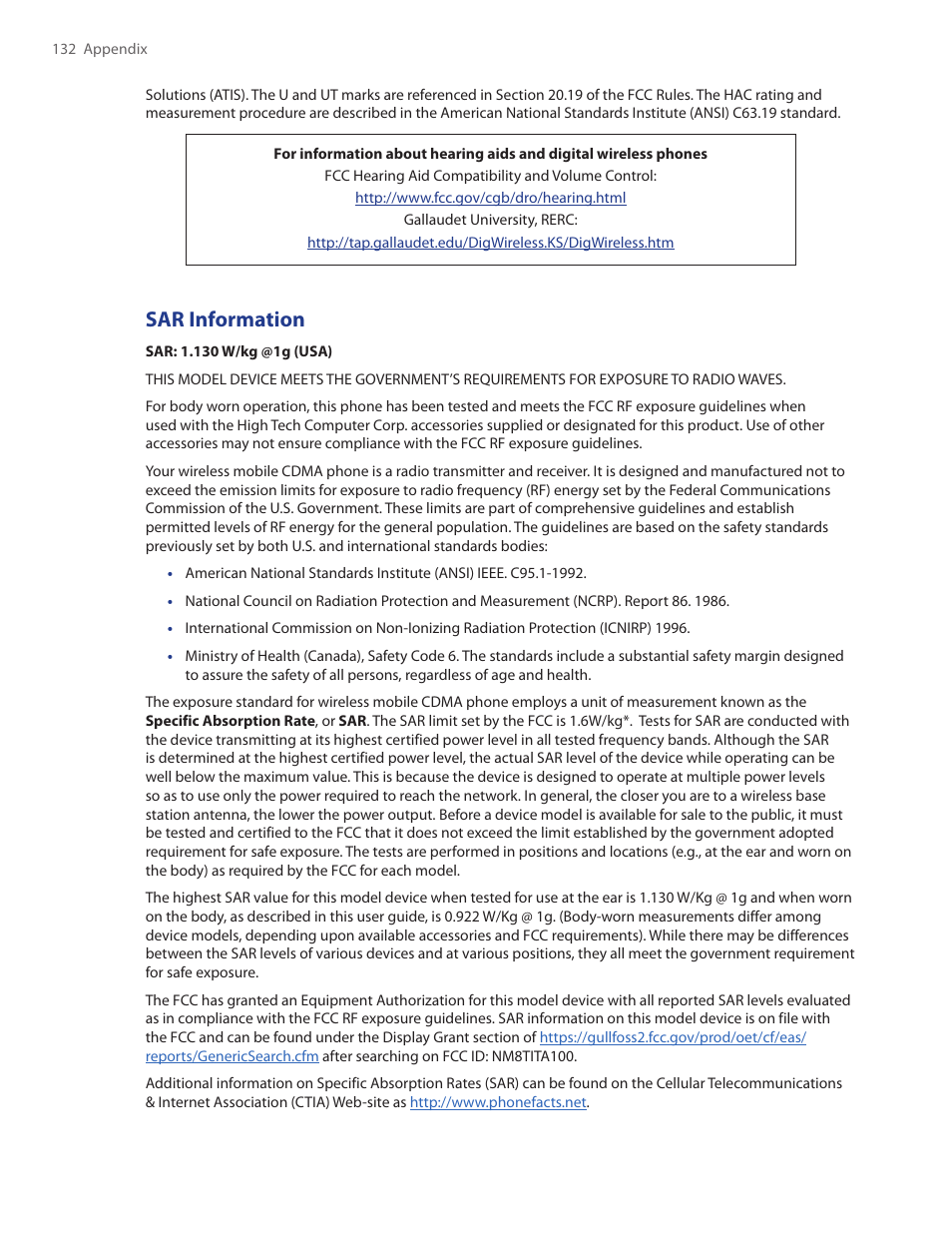 Sar information | TAO PDA Phone User Manual | Page 132 / 140