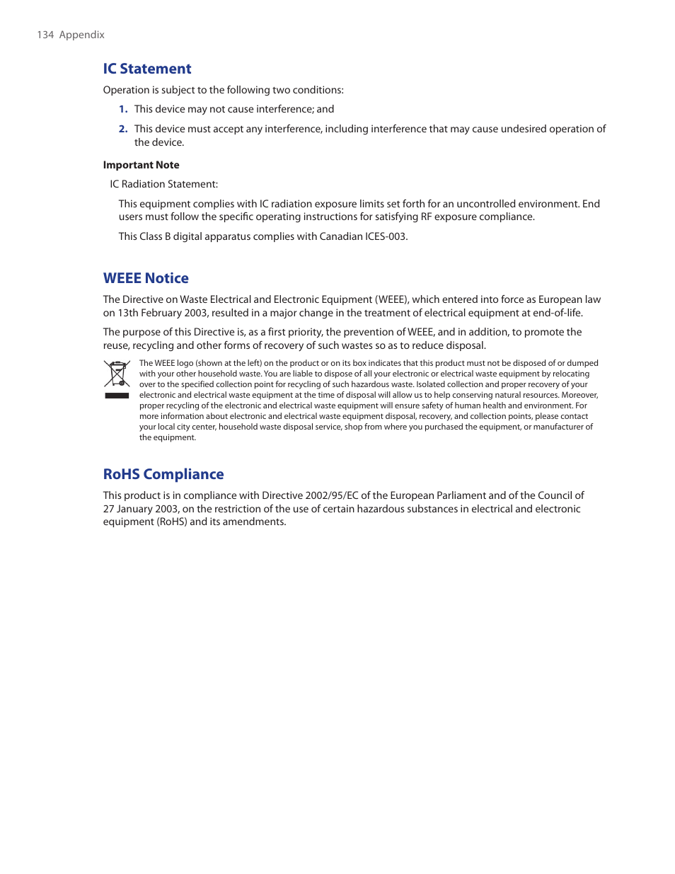 Ic statement, Weee notice, Rohs compliance | TAO PDA Phone User Manual | Page 134 / 140