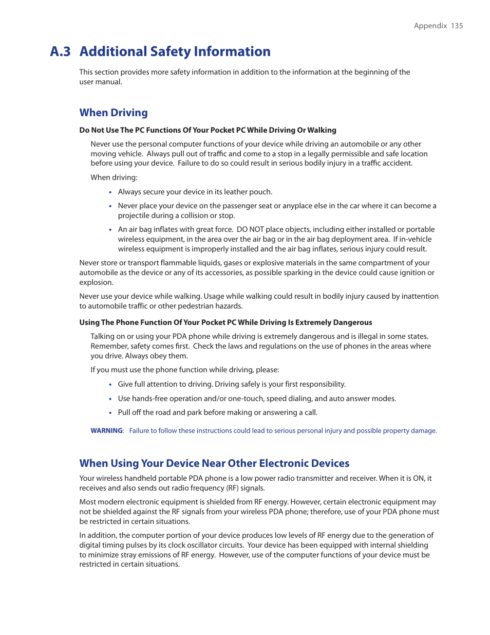 A.3 additional safety information, When driving | TAO PDA Phone User Manual | Page 135 / 140
