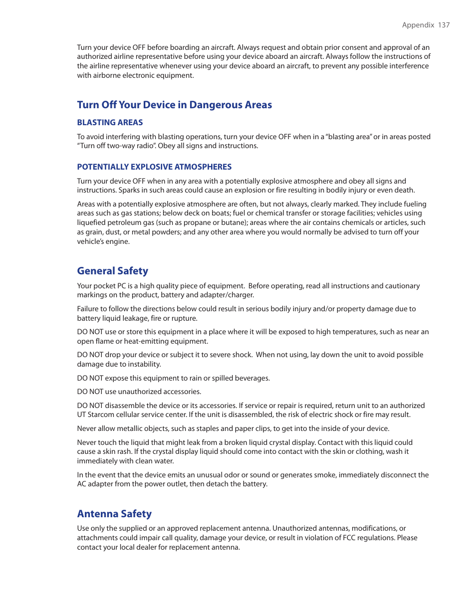 Turn off your device in dangerous areas, General safety, Antenna safety | TAO PDA Phone User Manual | Page 137 / 140