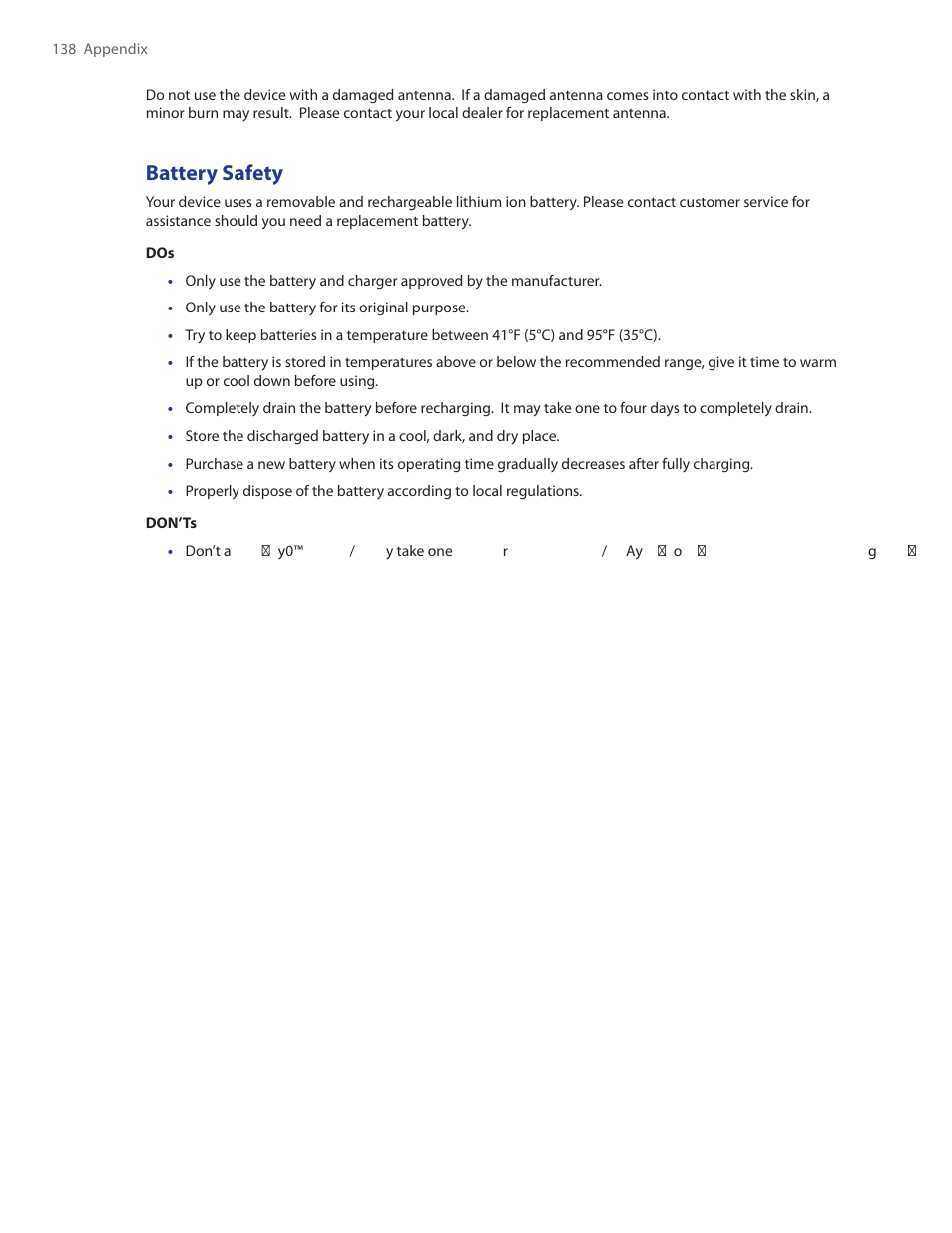 Battery safety | TAO PDA Phone User Manual | Page 138 / 140