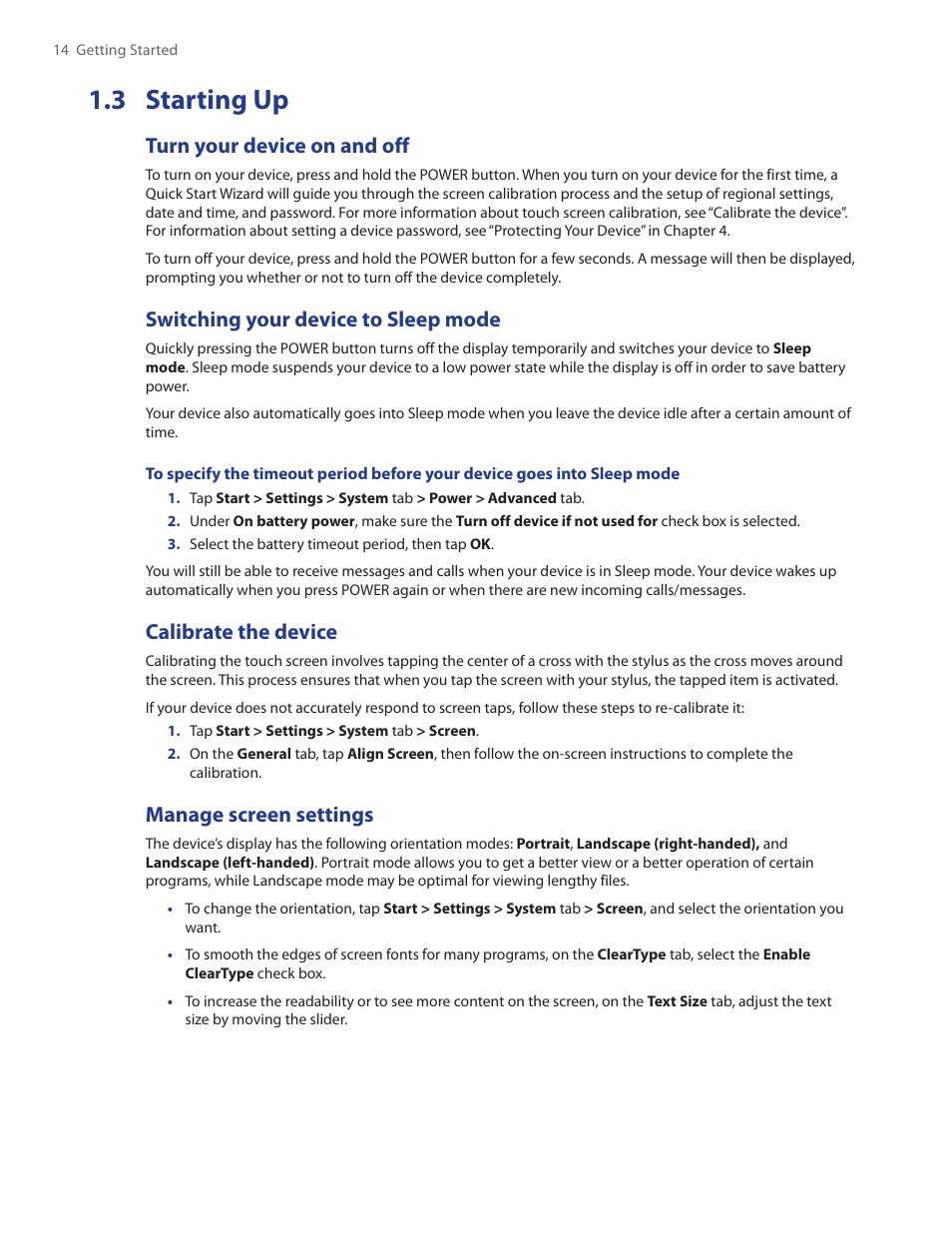 3 starting up, Turn your device on and off, Switching your device to sleep mode | Calibrate the device, Manage screen settings | TAO PDA Phone User Manual | Page 14 / 140