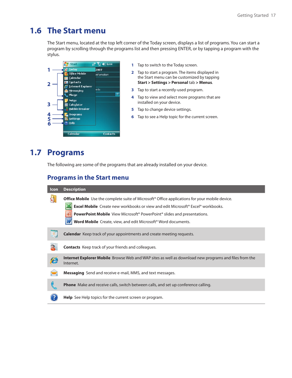 6 the start menu, 7 programs, Programs in the start menu | TAO PDA Phone User Manual | Page 17 / 140